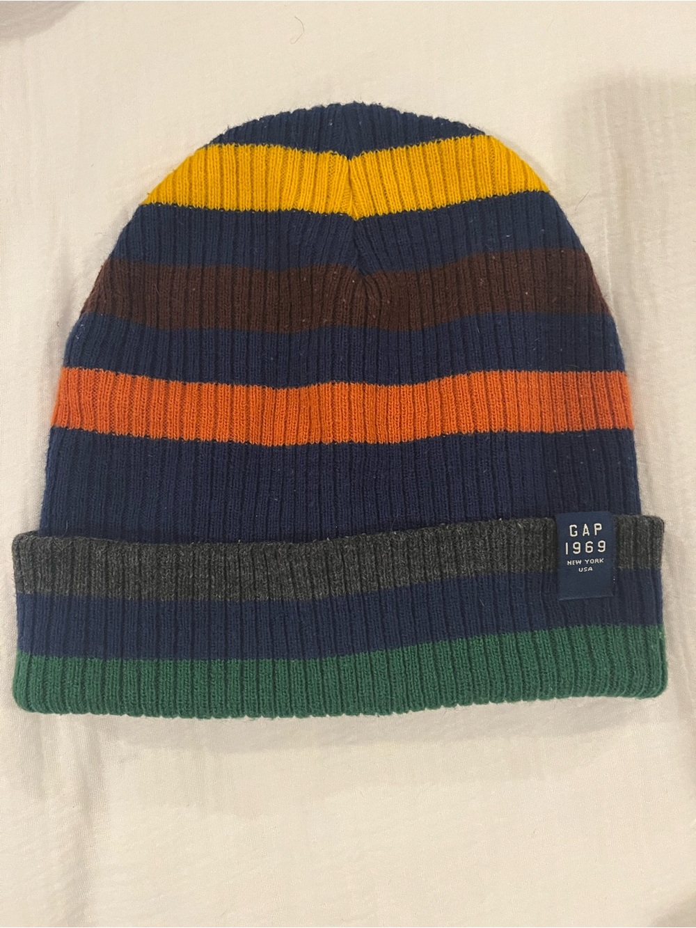 GAP Striped Knit Beanie - Navy, Yellow, Orange, Green, Brown